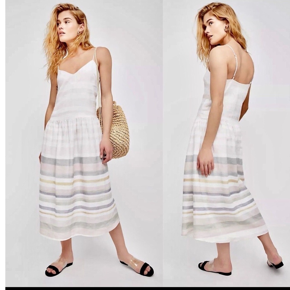 Mara Hoffman Dress Women‎ 6  Pink Striped Midi Dropped Waist Linen Blend Boho